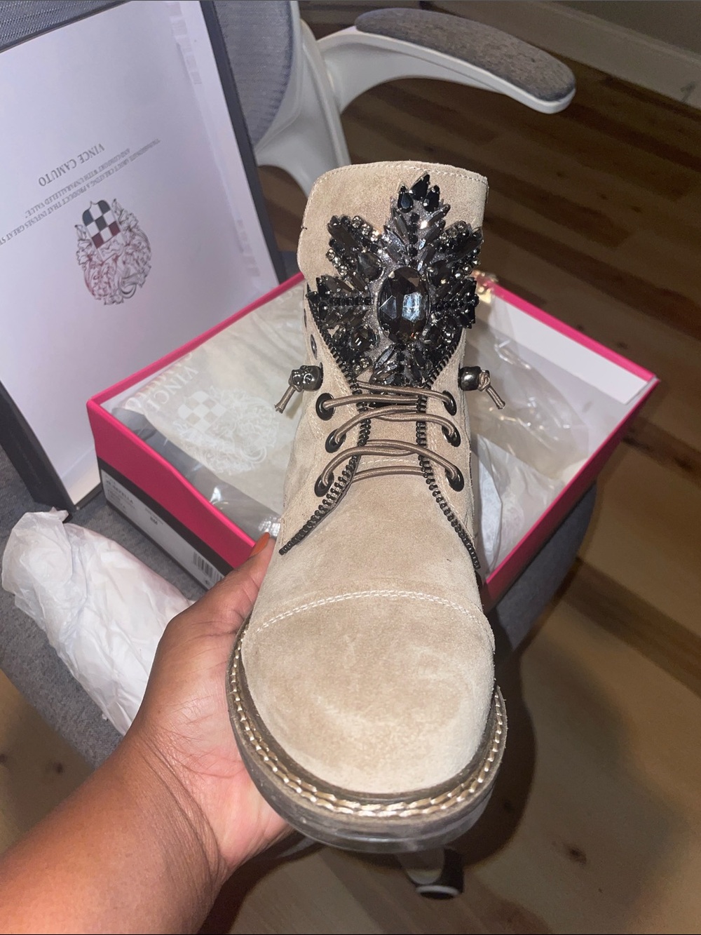 Vince Camuto Beaded Embellished Suede Lace-Up Ankle Boot in Tan